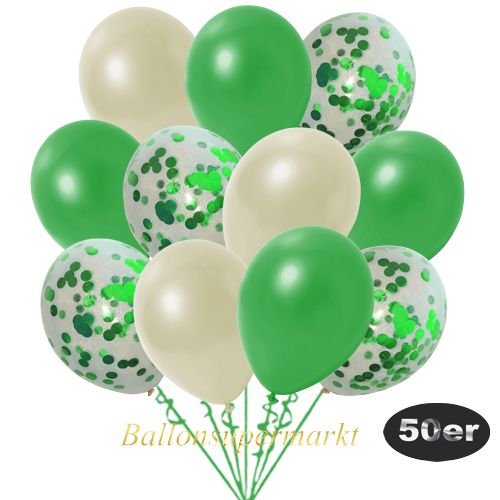 Partydeko Luftballon Set 50er, konfetti-luftballons-50-stueck-gruen-konfetti-und-metallic-elfenbein-metallic-gruen-30-cm