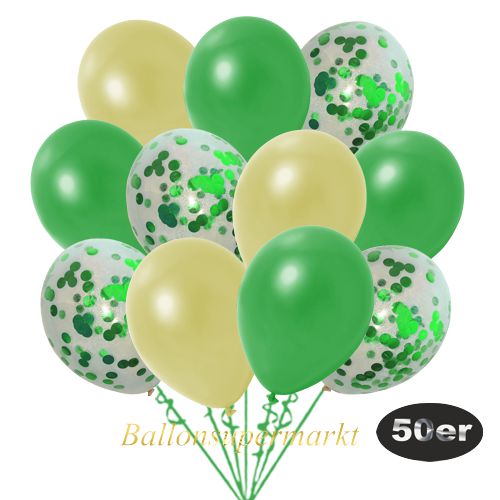 Partydeko Luftballon Set 50er, konfetti-luftballons-50-stueck-gruen-konfetti-und-metallic-pastellgelb-metallic-gruen-30-cm