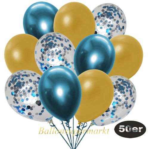 Partydeko Luftballon Set 50er, konfetti-luftballons-50-stueck-hellblau-konfetti-und-metallic-gold-chrome-blau-30-cm