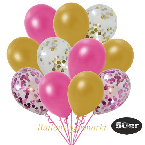 Partydeko Luftballon Set 50er, konfetti-luftballons-50-stueck-pink-konfetti-gold-konfetti-und-metallic-pink-metallic-gold-30-cm