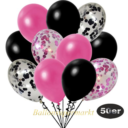 Partydeko Luftballon Set 50er, konfetti-luftballons-50-stueck-pink-konfetti-schwarz-konfetti-und-metallic-pink-metallic-schwarz-30-cm