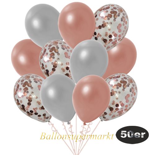 Partydeko Luftballon Set 50er, konfetti-luftballons-50-stueck-rosegold-konfetti-und-metallic-rosegold-metallic-silber-30-cm