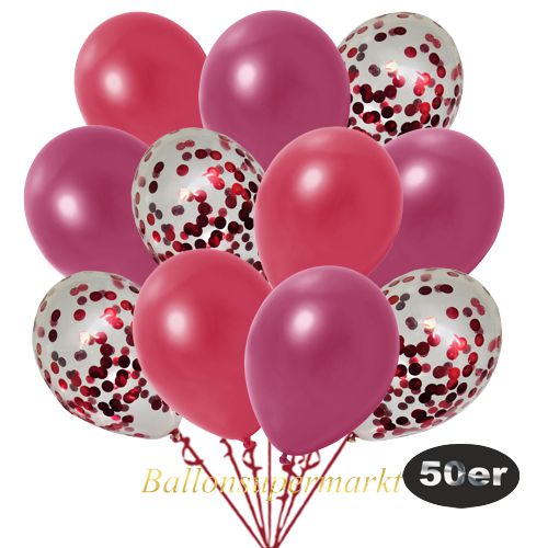 Partydeko Luftballon Set 50er, konfetti-luftballons-50-stueck-rot-konfetti-und-metallic-burgund-metallic-rot-30-cm