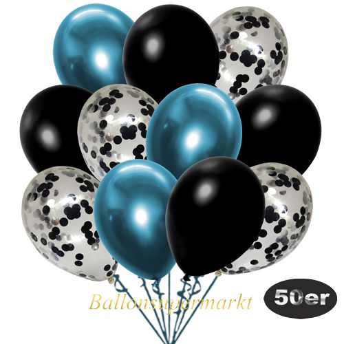 Partydeko Luftballon Set 50er, konfetti-luftballons-50-stueck-schwarz-konfetti-und-metallic-schwarz-chrome-blau-30-cm