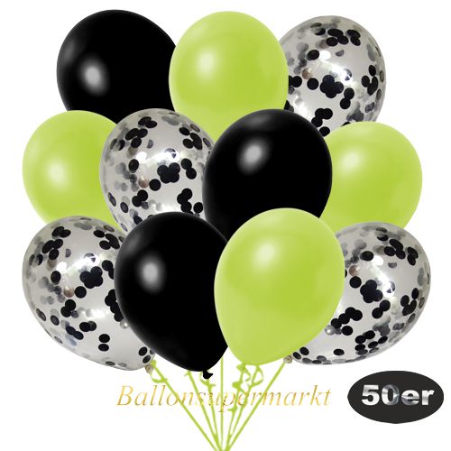 Partydeko Luftballon Set 50er, konfetti-luftballons-50-stueck-schwarz-konfetti-und-metallic-apfelgruen-metallic-schwarz-30-cm