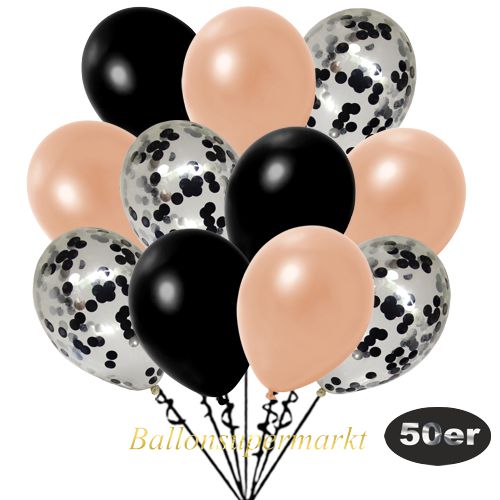Partydeko Luftballon Set 50er, konfetti-luftballons-50-stueck-schwarz-konfetti-und-metallic-lachs-metallic-schwarz-30-cm