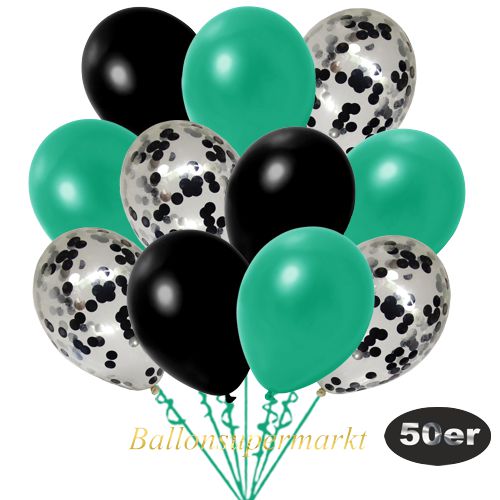 Partydeko Luftballon Set 50er, konfetti-luftballons-50-stueck-schwarz-konfetti-und-metallic-tuerkisgruen-metallic-schwarz-30-cm