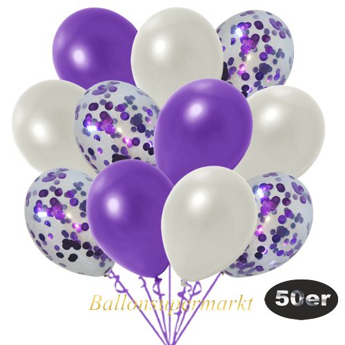 Partydeko Luftballon Set 50er, konfetti-luftballons-50-stueck-violett-konfetti-und-metallic-weiss-metallic-violett-30-cm
