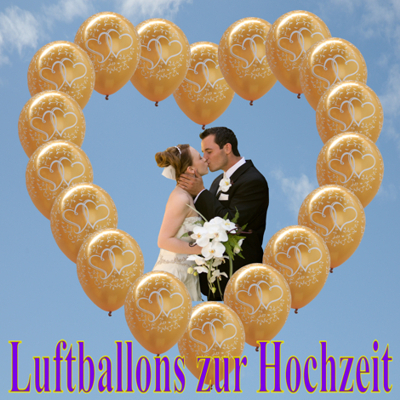 luftballons hochzeit, verschlungene herzen in gold mit hochzeitspaar