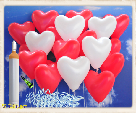 Luftballons zur Hochzeit steigen lassen, 100 rote und weiße Herzluftballons, 7 Liter Helium Ballongas, Komplett-Set