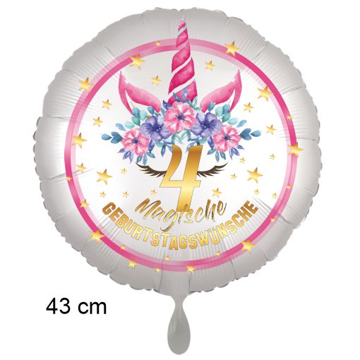 Magische Geburtstagswünsche, Unicorn Flower Luftballon aus Folie, Satin de Luxe, weiß, 4. Geburtstag