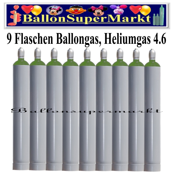 Neun Flaschen Ballongas, 50 Liter, Helium 4.6, Ballonsupermarkt-Lieferservice NRW