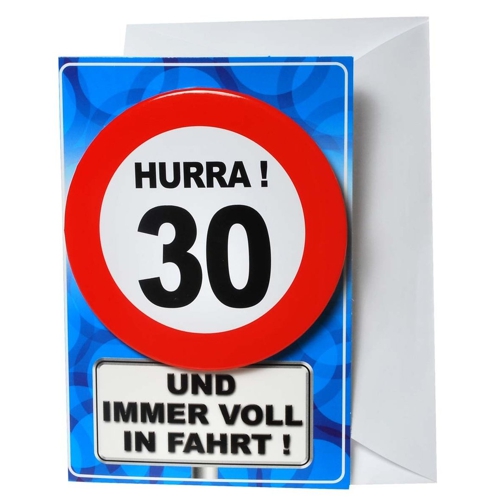 Button Geburtstag 30 mit Geburtstagskarte und Umschlag