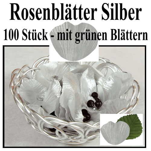 Rosenblätter in Silber mit grünen Blättern