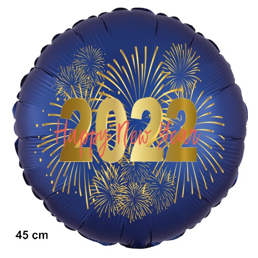 Silvester Luftballon 2022 Feuerwerk, Satin de Luxe, blau, 45 cm