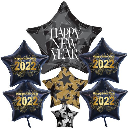 Silvesterdeko Luftballons mit Helium: 1 Cluster aus Sternballons Happy New Year und 4 schwarze Sternballons 2022