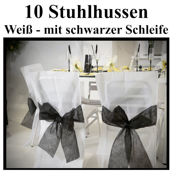 weiße Stuhlhussen mit schwarzen Schleifen, 10 Stück