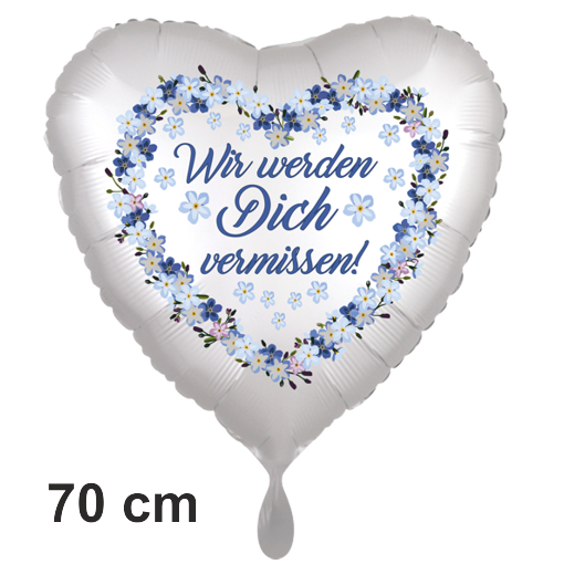 Wir werden Dich vermissen! Vergissmeinnicht Herzluftballon, satinweiß, 70 cm, inklusive Helium