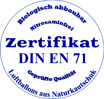 Zertifikat für 48-51 cm Luftballons. Naturkautschuklatex. Biologisch abbaubar. Ballonsupermarkt-Qualität.