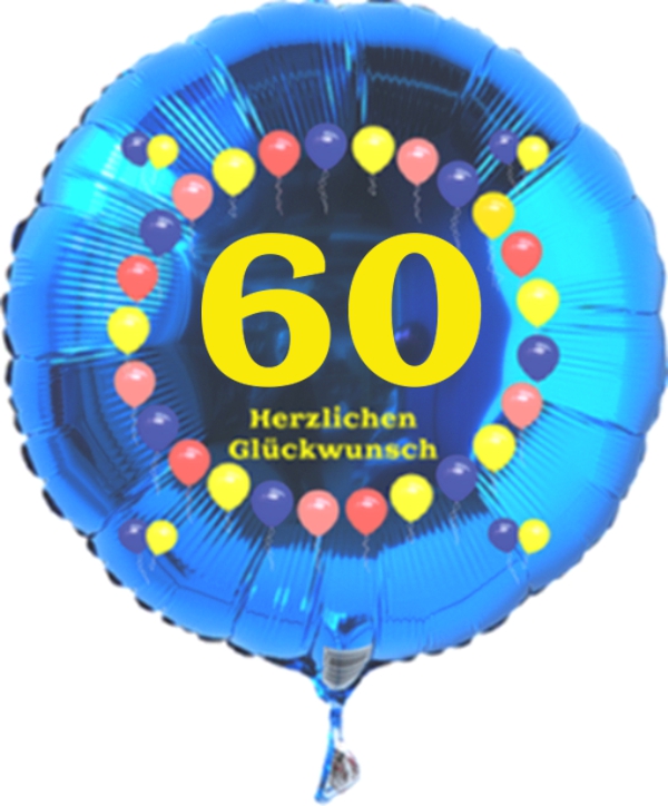Luftballon zum 60. Geburtstag, Balloons, blauer Rundballon mit Ballongas Helium