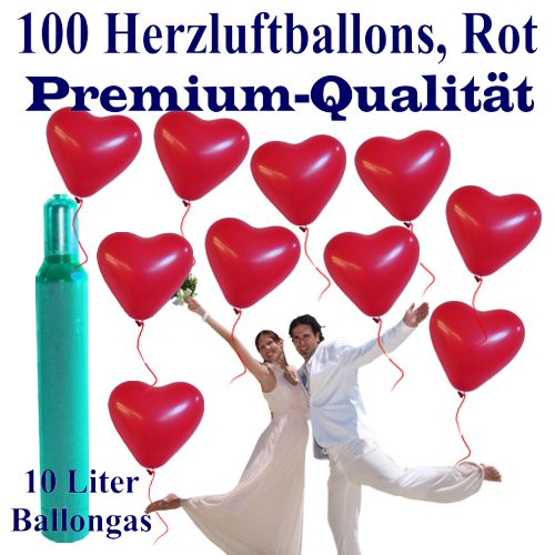 Herzluftballons in Premium-Qualität zur Hochzeit, 100 rote Herzballons mit Ballongas-Helium im Set