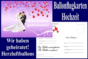 Ballonflugkarten Hochzeit: Wir haben geheiratet - Herzluftballons