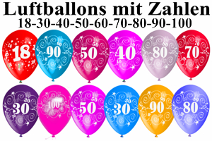 Luftballons mit Zahlen, Zahl 18, 30, 40, 50, 60, 70, 80, 90 und 100