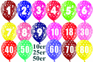 Luftballons mit Zahlen, Zahl 1, 2, 3, 4, 5, 6, 7, 8, 9, 10, 18, 30, 40, 50, 60, 70, 80