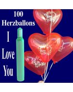 100 Herzluftballons I Love You, Ballons Helium Maxi Set mit Ballongasflasche