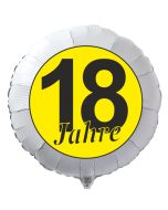 Luftballon aus Folie zum 18. Geburtstag, weisser Rundballon, "18 Jahre" in Schwarz-Gelb, inklusive Ballongas