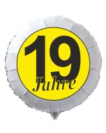 Luftballon aus Folie zum 19. Geburtstag, weisser Rundballon, "19 Jahre" in Schwarz-Gelb, inklusive Ballongas