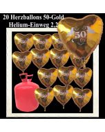 20 Herzballons 50 Gold mit dem 2,2 Liter Helium-Einwegbehälter, Dekoration Goldene Hochzeit