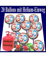 20 Luftballons aus Folie, Zahl 30, mit Helium-Einweg zum 30. Geburtstag