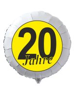 Luftballon aus Folie zum 20. Geburtstag, weisser Rundballon, "20 Jahre" in Schwarz-Gelb, inklusive Ballongas