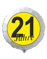 Luftballon aus Folie zum 21. Geburtstag, weisser Rundballon, "21 Jahre" in Schwarz-Gelb, inklusive Ballongas