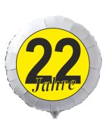 Luftballon aus Folie zum 22. Geburtstag, weisser Rundballon, "22 Jahre" in Schwarz-Gelb, inklusive Ballongas