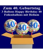 3 Luftballons mit Helium zum 40. Geburtstag, Happy Birthday Balloons, 40