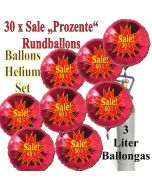 30 Stück Sale-Prozente Helium-Luftballons in Rot, 10 Prozent, 20 Prozent, 30 Prozent, 40 Prozent, 50 Prozent, 60 Prozent, Rundballons in Rot mit Heliumflasche