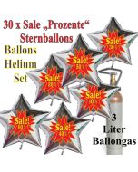 30 Stück Sale-Prozente Helium-Luftballons, 10 Prozent, 20 Prozent, 30 Prozent, 40 Prozent, 50 Prozent, 60 Prozent, Sternballons in Silber mit Heliumflasche