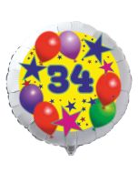 Luftballon aus Folie zum 34. Geburtstag, weisser Rundballon, Sterne und Luftballons, inklusive Ballongas