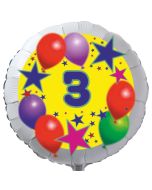 Luftballon aus Folie zum 3. Geburtstag, weisser Rundballon, Sterne und Luftballons, inklusive Ballongas