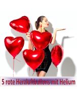 5 Herzluftballons in Rot mit Ballongas Helium zum Valentinstag