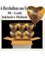 Dekoration Goldene Hochzeit, 6 Herzballons aus Folie mit Helium, 50-Gold