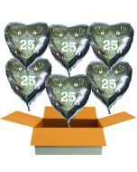 6 Herzluftballons aus Folie in Silber, Tauben, Herzen und Schleifen, Zahl 25, zur Silbernen Hochzeit inklusive Helium Ballongas