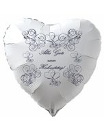 Alles Gute zum Hochzeitstag, weißer Herzluftballon mit violetten ornamenten und Herzen, inklusive Helium