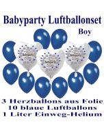 Babyparty Luftballonset Baby Boy, 3 Herzluftballons aus Folie "Babyparty Boy" 10 blaue Luftballons mit dem 1 Liter Helium-Einwegbehälter
