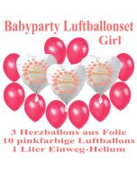 Babyparty Luftballonset Baby Girl, 3 Herzluftballons aus Folie "Babyparty Girl" 10 Luftballons in Pinkfarben mit dem 1 Liter Helium-Einwegbehälter
