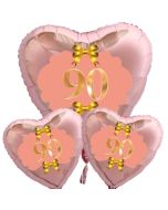 Ballon-Bouquet Herzluftballons aus Folie, Rosegold, zum 90. Geburtstag, Rosa-Gold