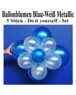 Blau-Weiße Metallic Ballonblumen, Ballondeko Blumen aus Luftballons zum Selbermachen, Set, 5 Stück