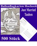 Ballonflugkarten Hochzeit Just Married, Hochzeitstauben, Postkarten zum Abhängen an Luftballons, 500 Stück